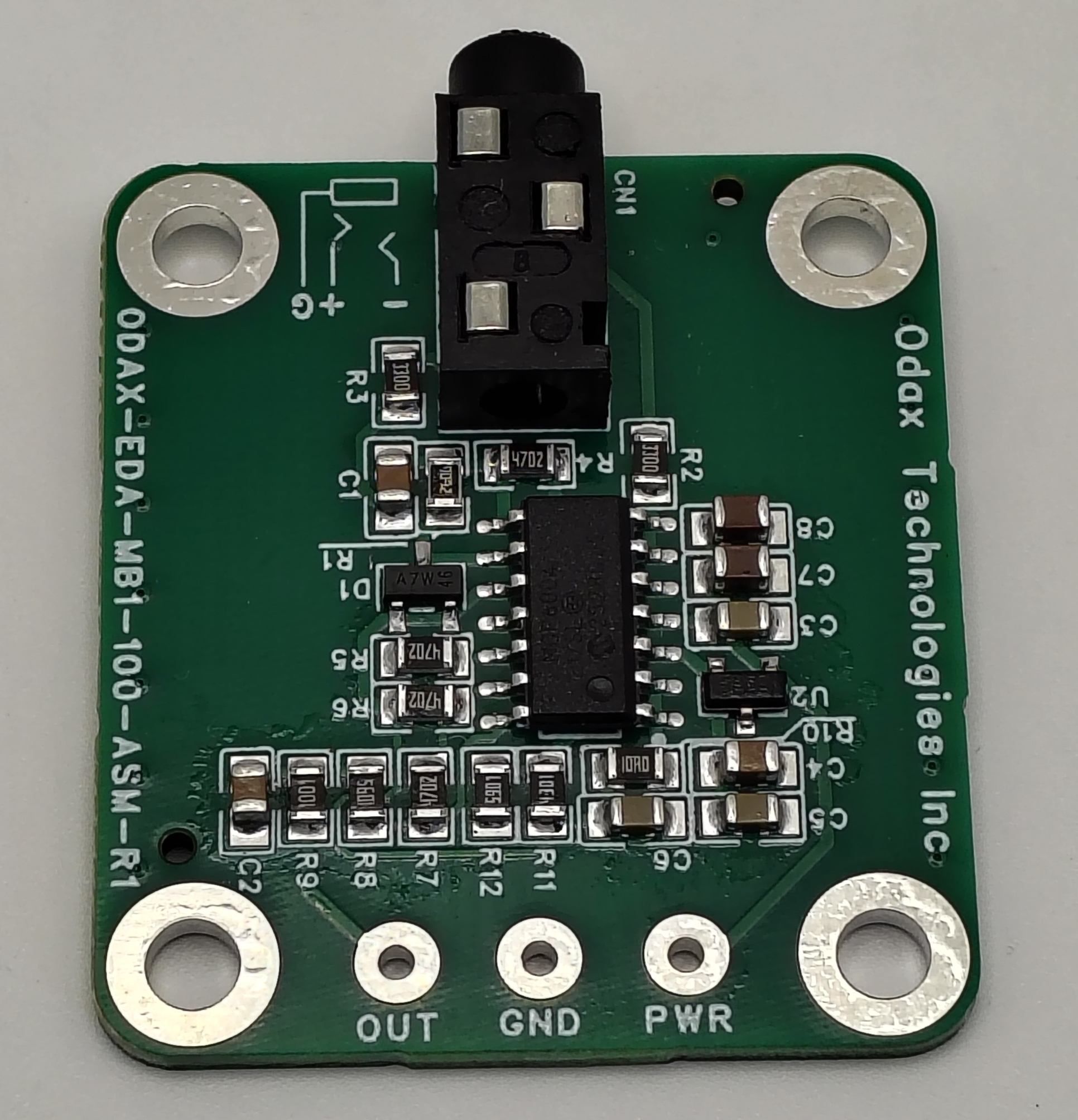 Alternate component-side view of the ODAX EDA Standard Board with the electrode jack at the top