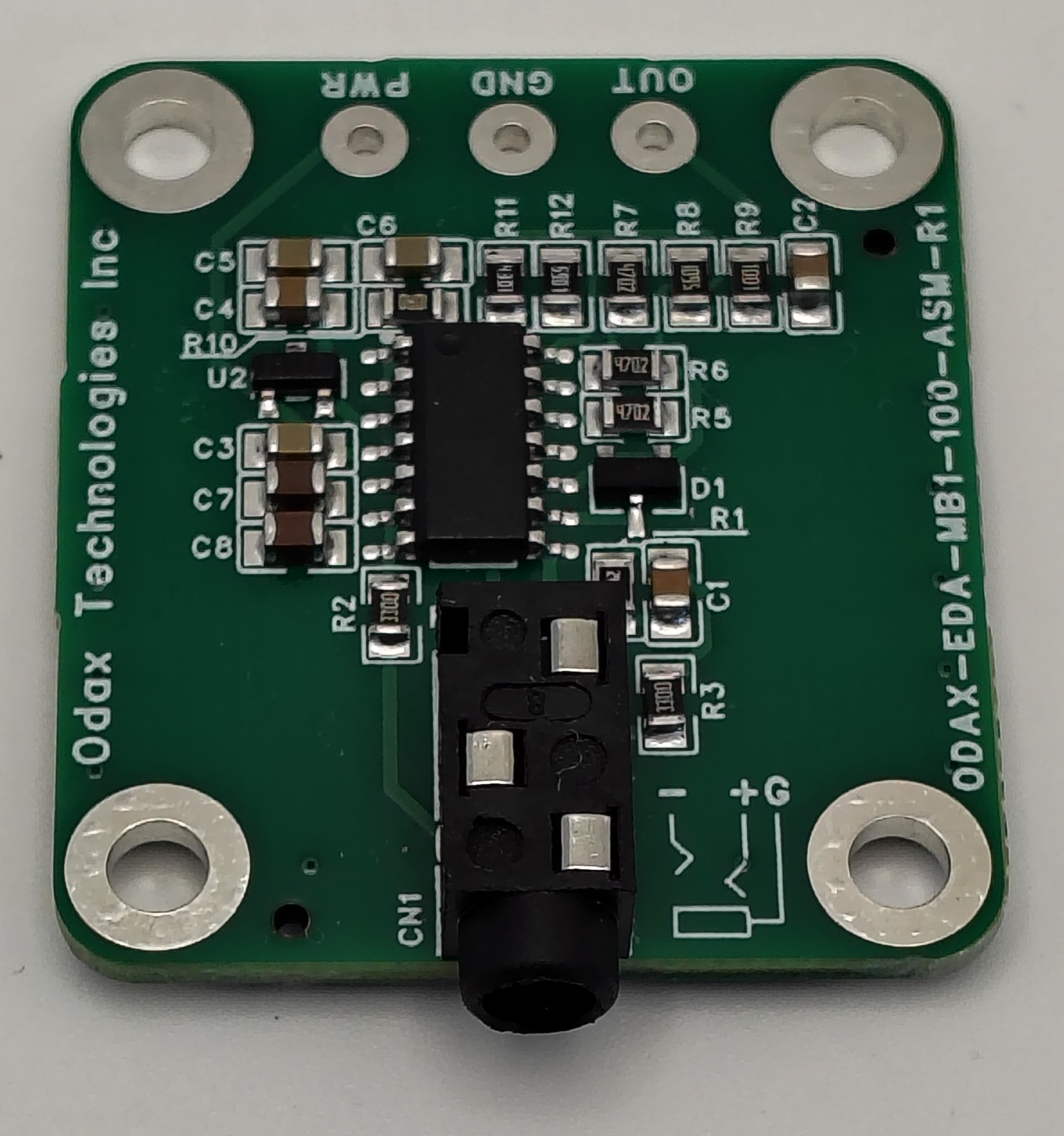 ODAX EDA Standard Board component side with four mounting holes, PWR, GND, OUT solder connections, and electrode jack at the bottom